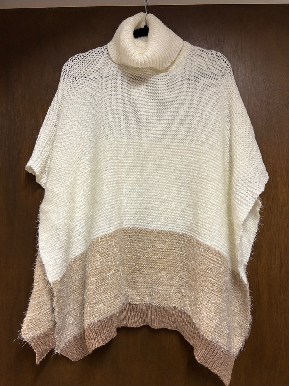 Turtleneck Colorblock Knit Poncho Sweater - Cream & Tan
